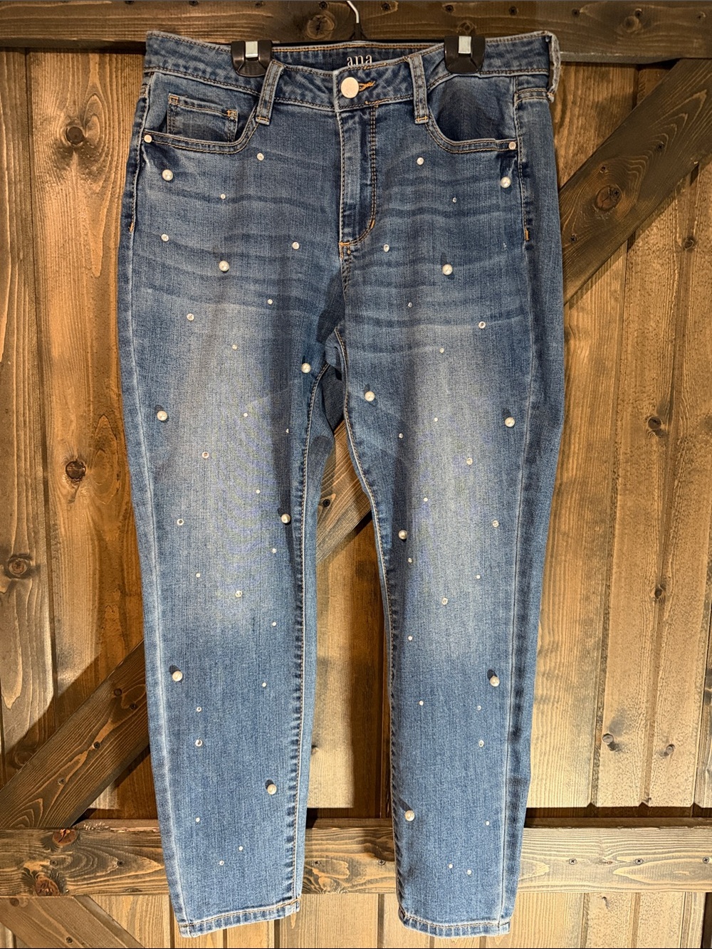 a.n.a Pearl-Studded Blue Cropped Jeans